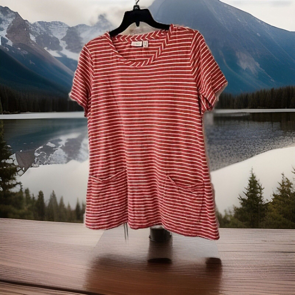 2X LOGO Cute Mauve Striped Babydoll Flared Cotton Top W Pockets - Picture 4 of 8